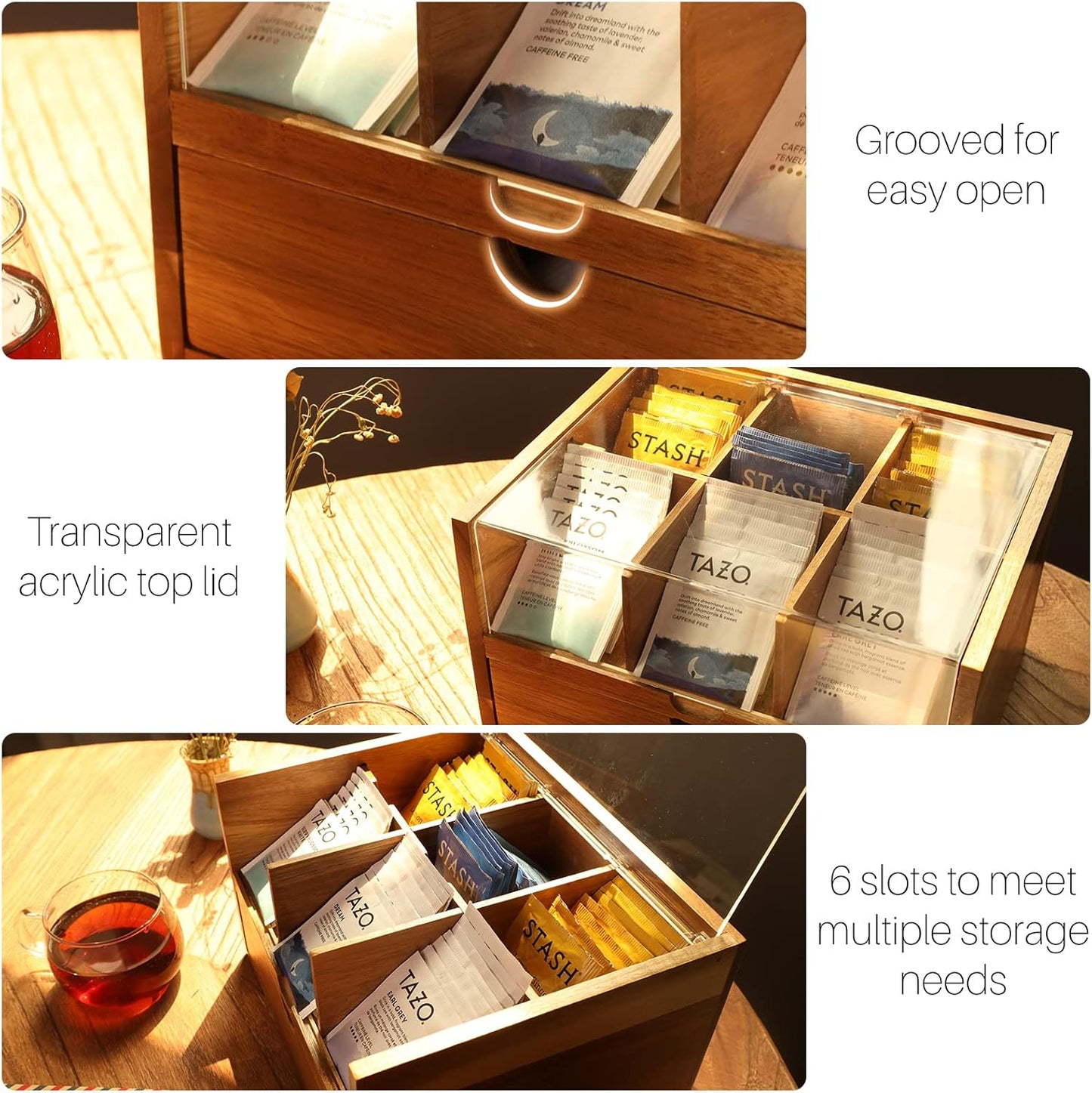 Large Tea Organizer 2 Tier with Drawer by HTB, Tea Bag Organizer with Acrylic Transparent Hinged Lid, 9 Compartments Wooden Tea Bag Holder for Home, Office, Tea Parties