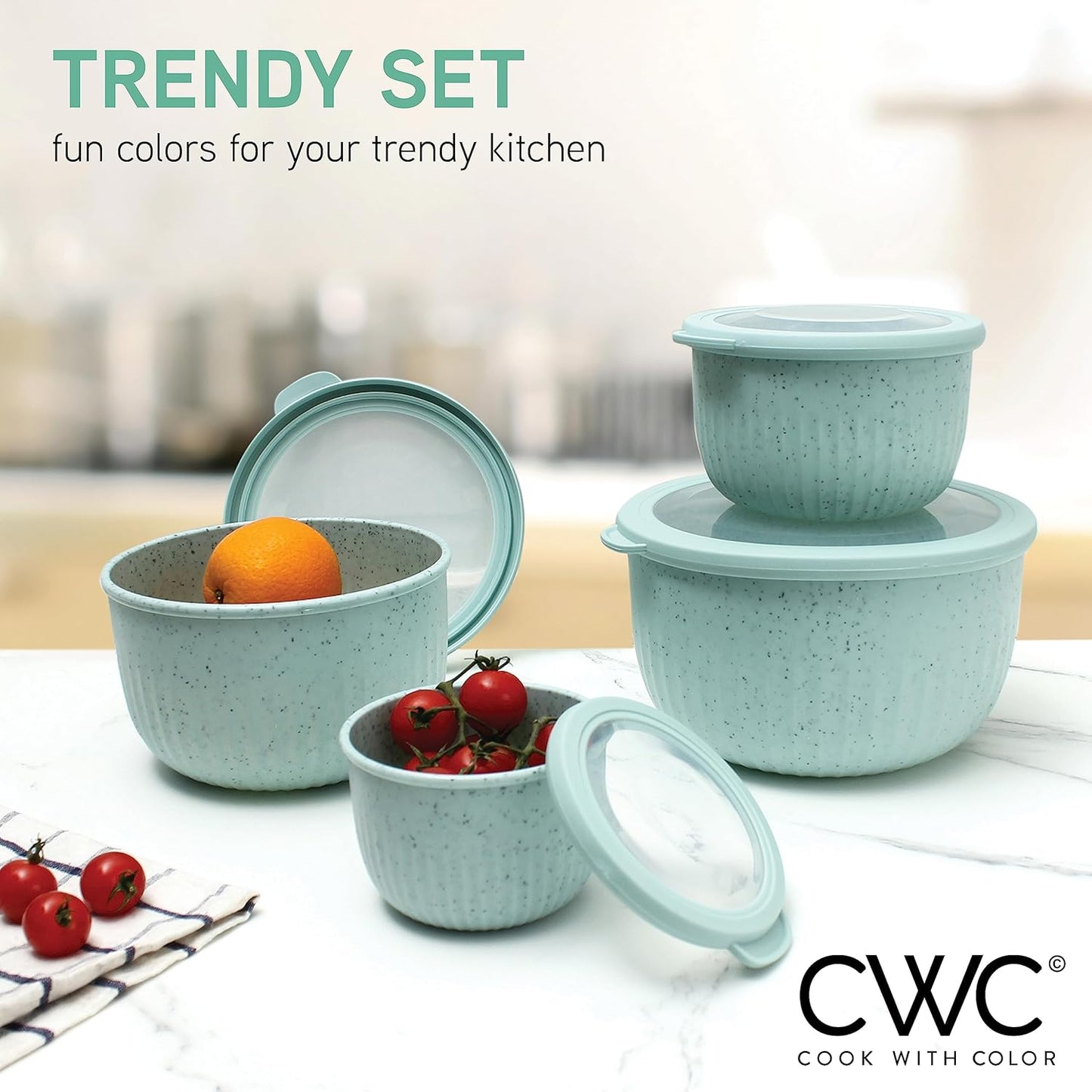 COOK WITH COLOR Prep Bowls with Lids- Wide and Deep Nesting Plastic Small Mixing Bowl Set with Lids, 8 Piece Set - Deep Bowls, Speckled Mint