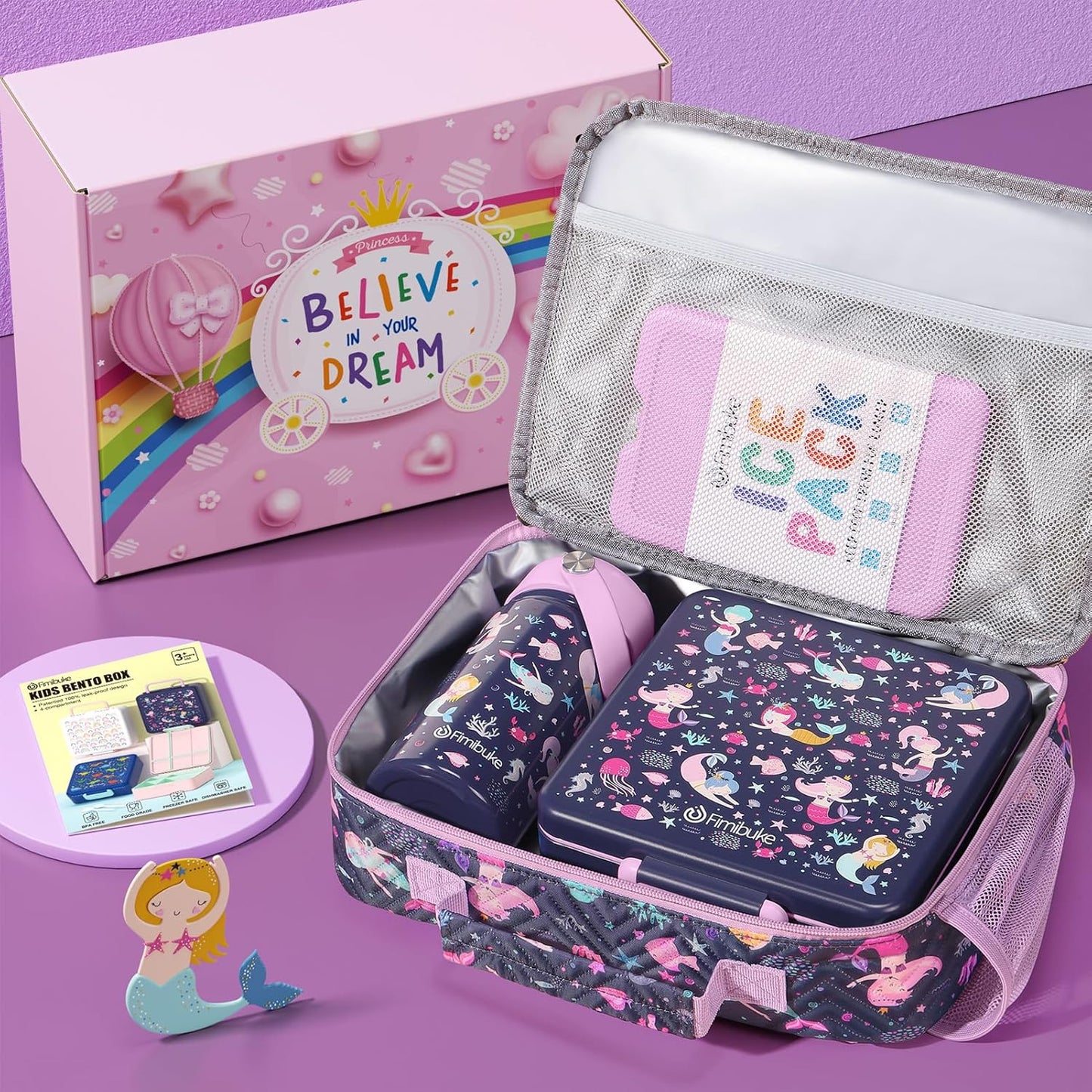 Fimibuke Kids Bento Lunch Box with 4 Compartments, Insulated lunch Bag, Stainless Steel Insulated Water Bottle, Ice Pack & Utensils Set, Birthday Gifts for Ages 3-12 Back to School Toddler Girls Boys