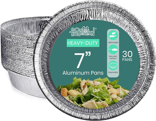 FUNSTITUTION Round Disposable Aluminum Pie Pans (30 Pack) - 7 Inch Disposable Pie Pans - Round Aluminum Foil Pans For Baking, Grilling, Cooking, Storing, Prepping