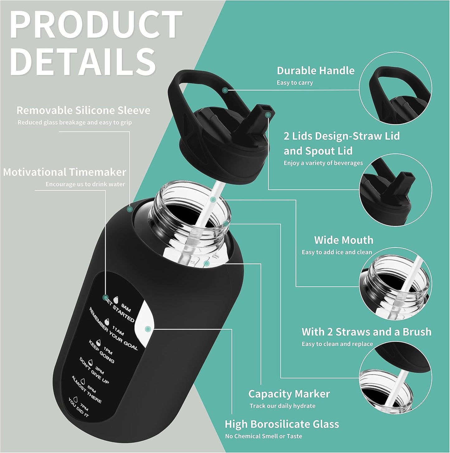 CIVAGO 64 oz Glass Water Bottle Jug with Straw and Handle, Half Gallon Sports Motivational Water Bottle with Time Marker, Wide Mouth Flask Canteen with Silicone Sleeve for Gym, Mauve