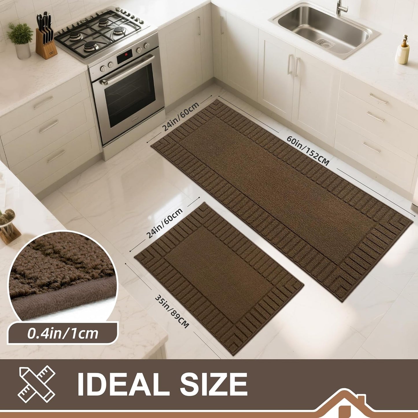 BEQHAUSE-Kitchen-Rugs-Anti-Slip-Kitchen-Mats-for-Floor Absorbent Kitchen Mat Set of 2 Washable Kitchen Runner Rug with TPR Non Skid Backing,Brown 24x35inch/24x60inch