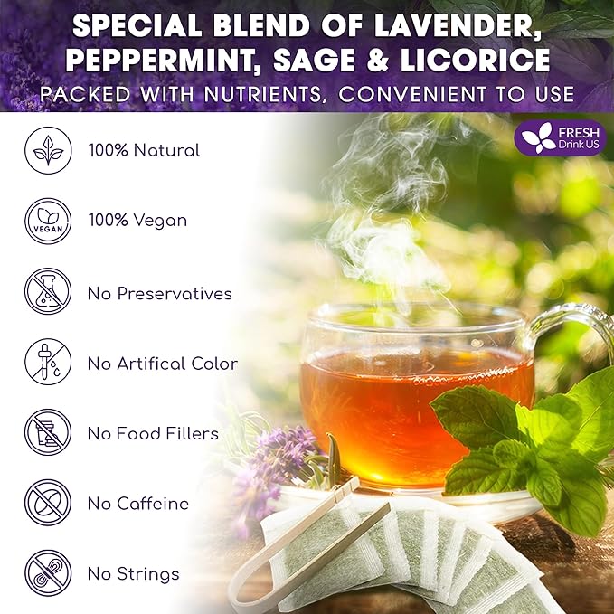 FreshDrinkUS, Premium 35 Tea Bags Lavender Mint Tea, 100% Natural, Blend of Lavender, Peppermint, Sage and Licorice. Made with Natural Material Tea Bags. No Sugar, No Caffeine, Vegan.