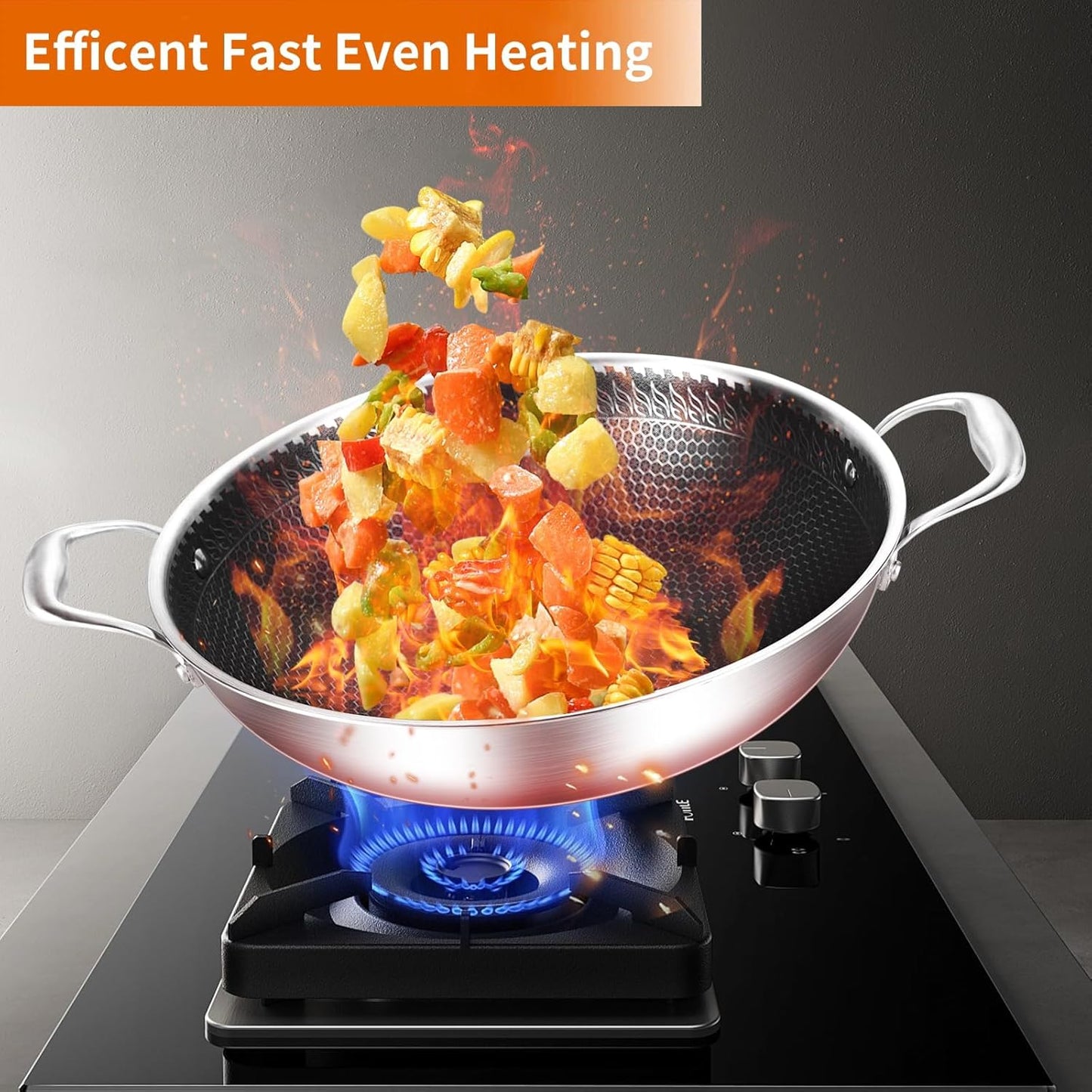 DELARLO Tri-Ply Stainless Steel Wok Pan With Lid 14 Inch Non stick,Woks & Stir-Fry Pans Nonstick 6QT Deep Frying Pan, Induction Saute Pan With Lid,Dishwasher and Oven Safe