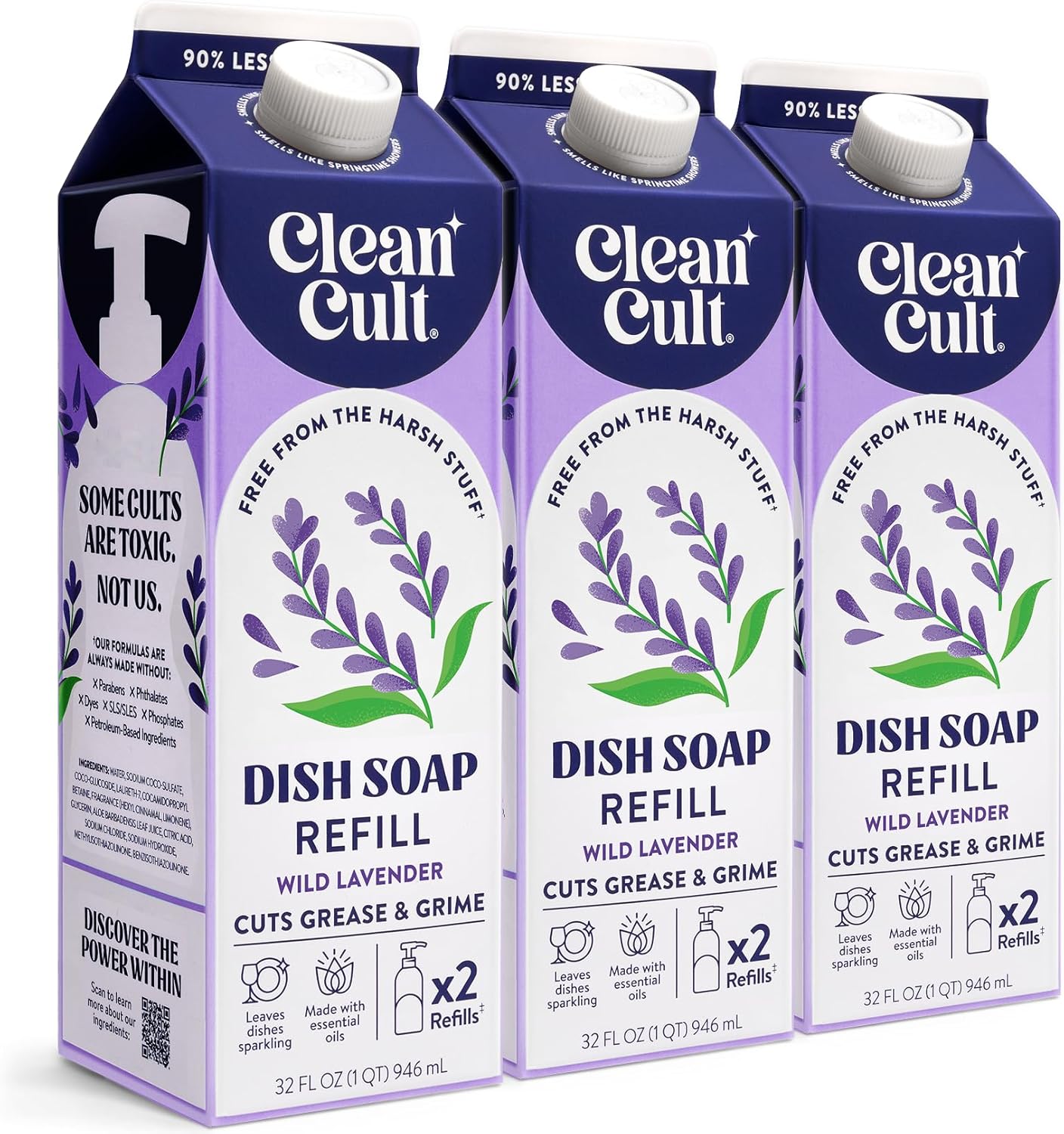 Cleancult Dish Soap Liquid Refills (32oz, 3 Pack) - Plant Based Cleaning Power - Dish Soap that Cuts Grease & Grime - Free of Harsh Chemicals - Uses 90% Less Plastic - Wild Lavender