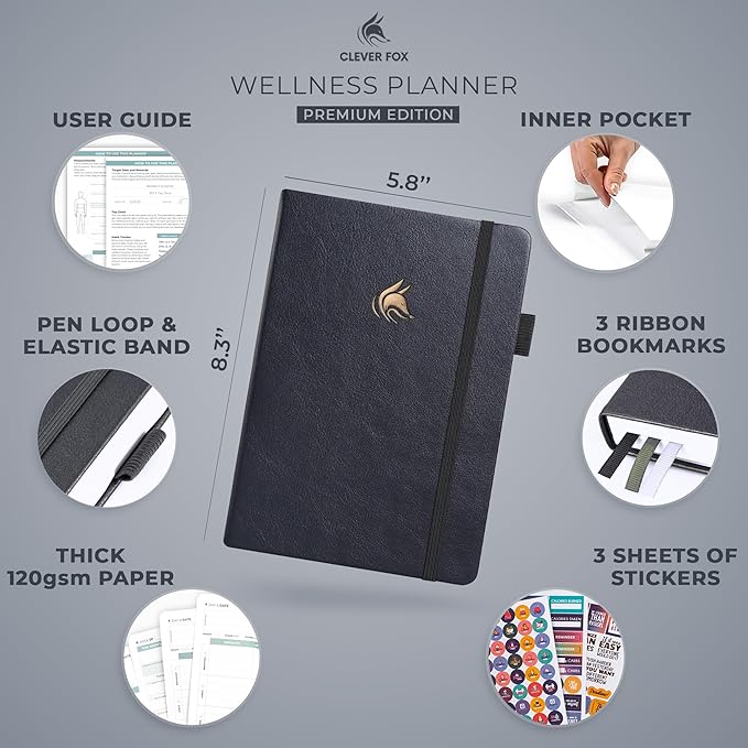 Clever Fox Wellness Planner - Weekly & Daily Health and Wellness Log, Food Journal & Meal Planner Diary for Calorie Counting, Notebook for Medical Condition Tracking, A5-Sized - Silver Black