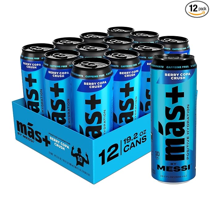 Más+ By Messi 19.2oz Berry Copa Crush Sports Drink & Hydration Beverage, Natural Flavors with Vitamins and Electrolytes, No Artifical Sweeteners or Colors, 12-pack