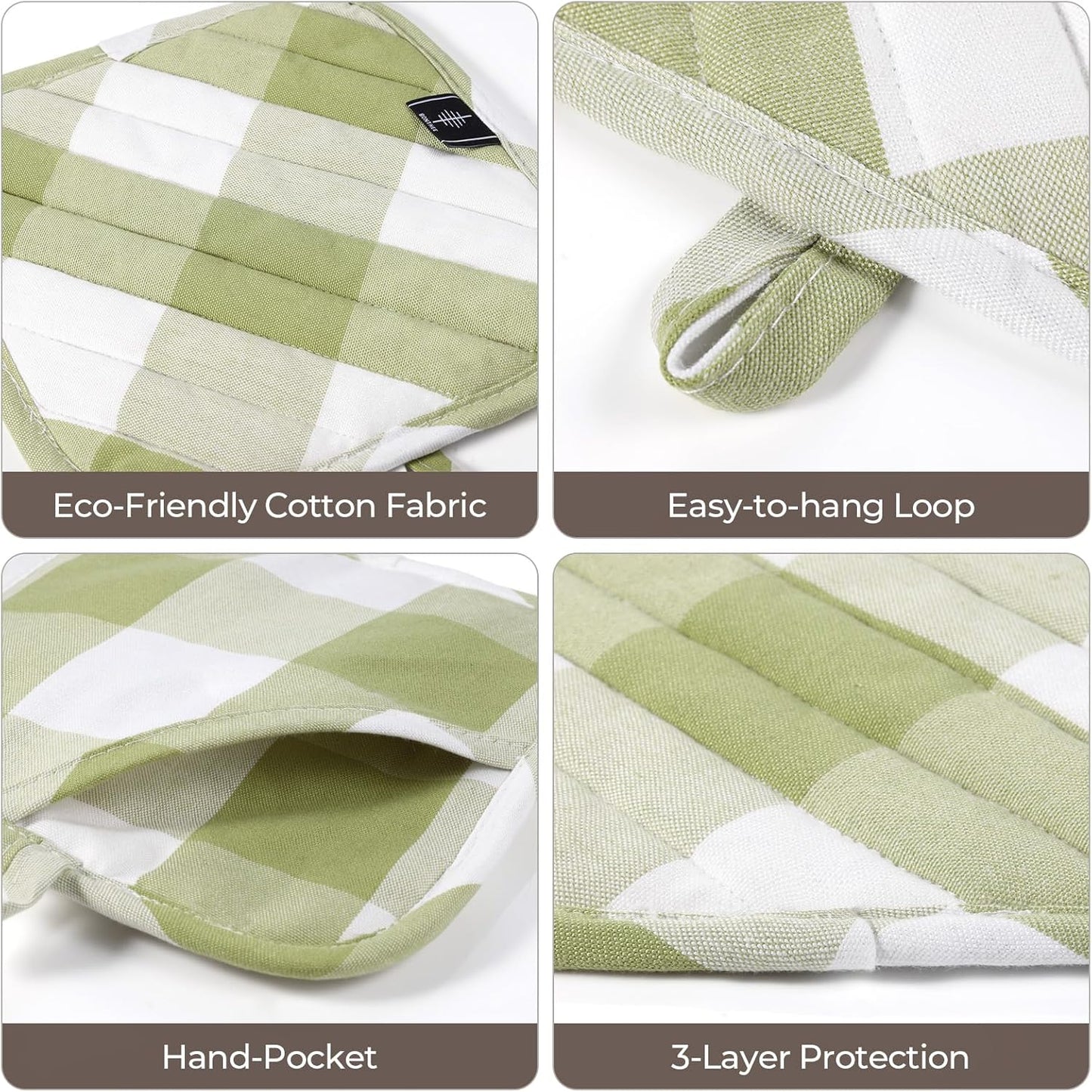 Cotton Pot Holders for Kitchen Heat Resistant Potholder Hot Pads Trivet Coaster Non-Slip Potholders Set for Cooking and Baking (2, Green Plaid, Square，8.27 in²)