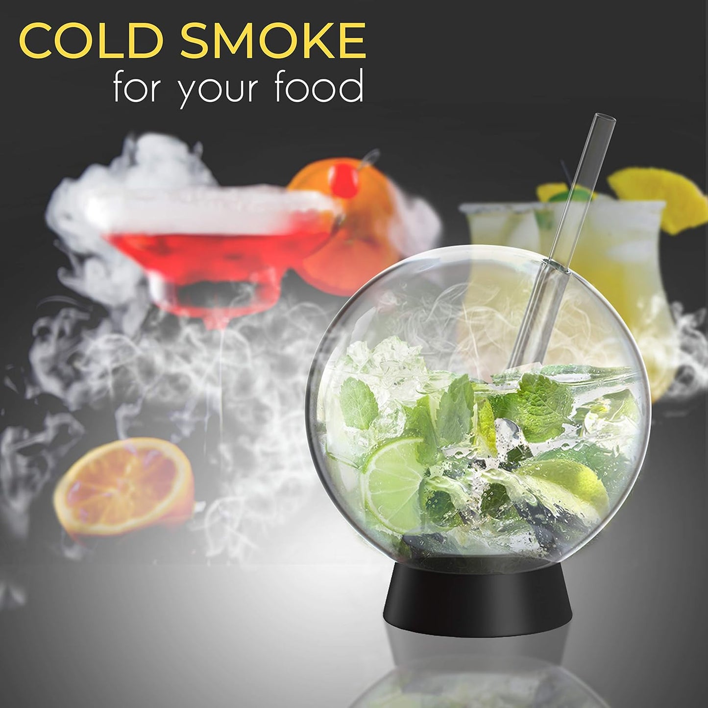 Cocktail Smoker Accessory - Smoke Infuser Cocktail Ball - 2 pcs, Cocktail Ball Glass with Glass Straw for Drink Smoker, 12 Oz (350 ml), Black