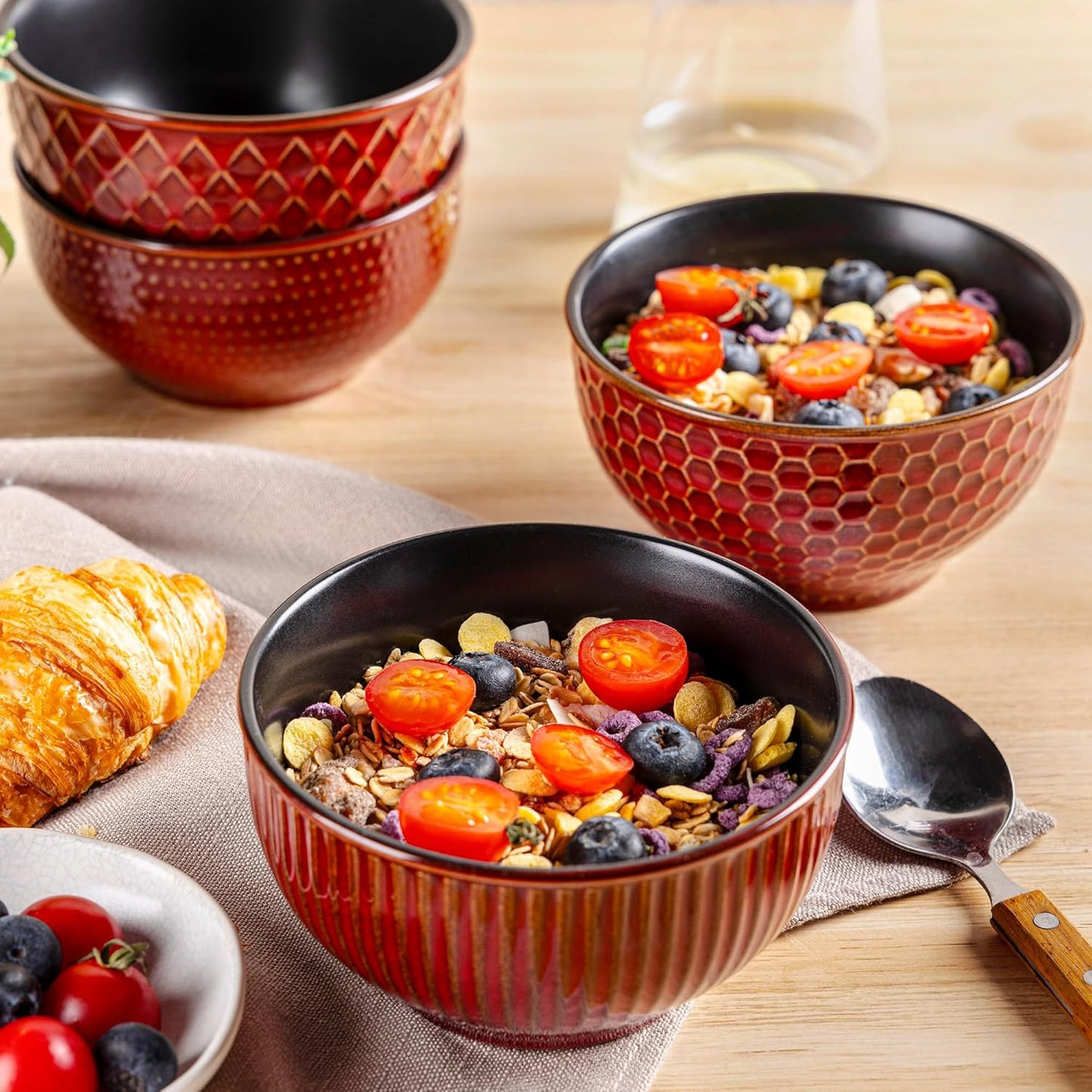 GBHOME Stoneware Cereal Bowls Set of 4, 24 oz Ceramic Soup Bowls with Texture Patterns for Soup,Oatmeal,Snack Perfect for Wedding, House-warming Gift -Rythmic Red