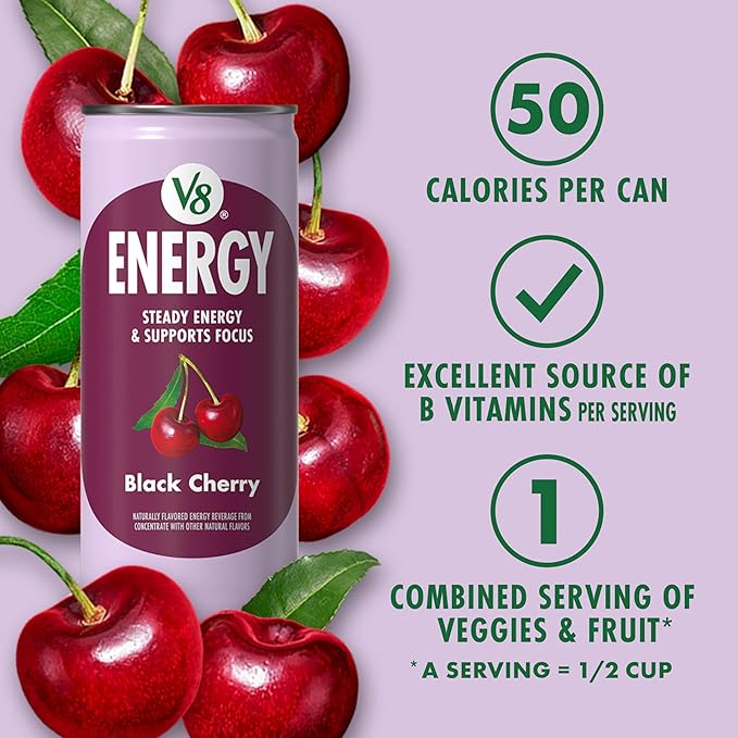 V8 Energy Black Cherry Energy Drink, 8 fl oz Can (24 Pack)