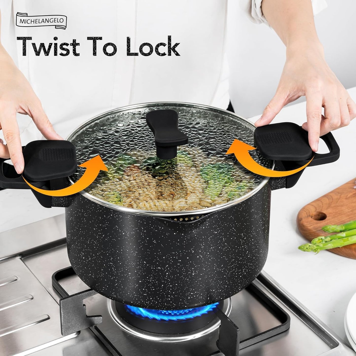 MICHELANGELO Pasta Pot with Strainer Lid, 6 Quart Cooking Pot with Twist and Lock Handles, Soup Pot with Nonstick Granite Coating, Spaghetti Pot Induction Compatible, Black