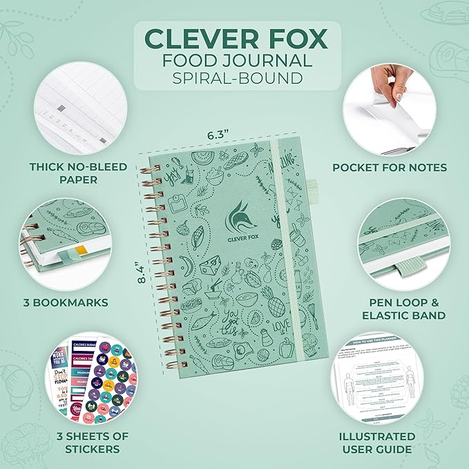 Clever Fox Food Journal Spiral - Daily Food Diary, Meal Prep Planner to Track Calories & Nutrients, Weight Loss Tracker Notebook (Mint Cream)