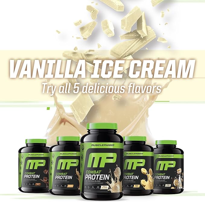 MusclePharm Combat Protein Powder, Vanilla Flavor, Fuels Muscles for Productive Workouts, 5 Protein Sources Including Whey Protein Isolate & Egg Albumin, Gluten Free, 2 lb, 25 Servings