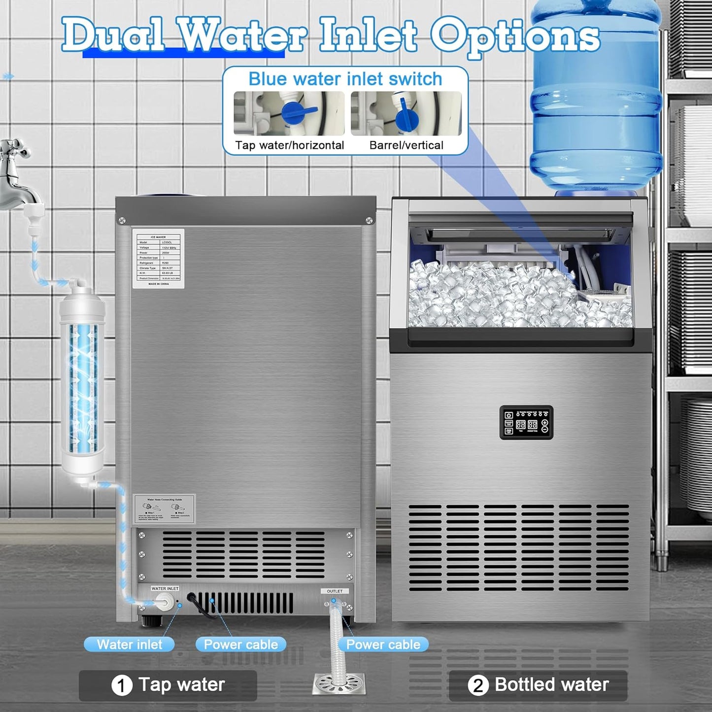 Commercial Ice Maker Machine 200lbs/24H with 34lbs Storage, Stainless Steel Undercounter/Freestanding Ice Machine 2 Water Inlet Modes 55Ice/Cycle, Self-Cleaning for Homes Restaurants Bars