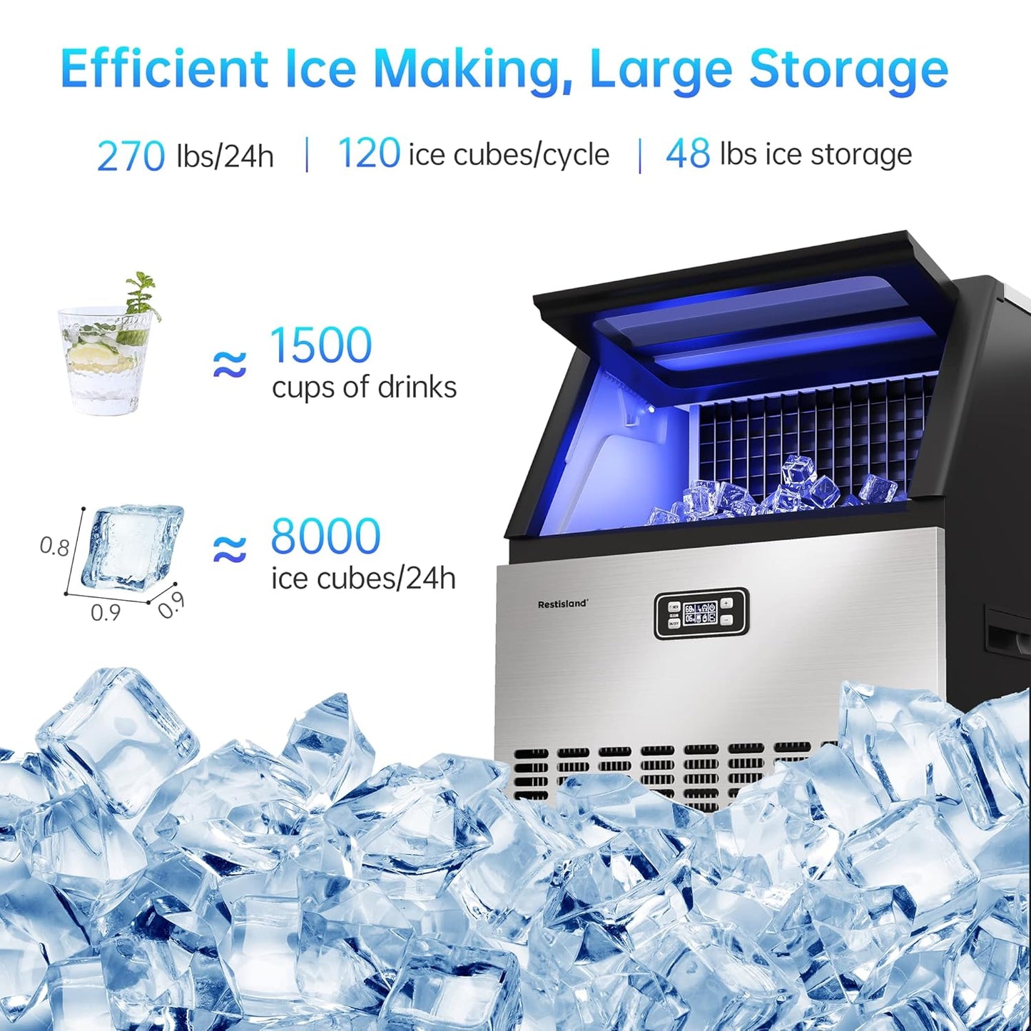 Commercial Ice Maker Machine, 270 lbs/24 Hours, 48 lbs Storage Bin, Stainless Steel, Blue Light, Freestanding, Great for Home or Business, Includes Ice Scoop, Connecting Hose