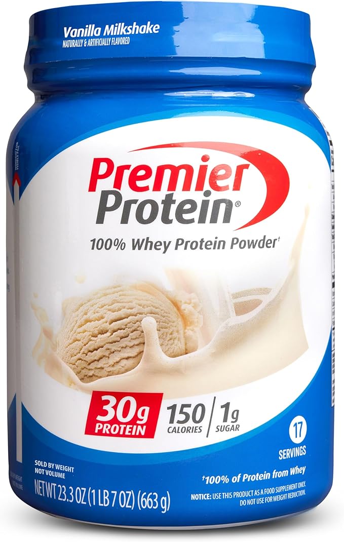 Premier Protein Powder, Vanilla Milkshake, 30g Protein, 1g Sugar, 100% Whey Protein, Keto Friendly, No Soy Ingredients, Gluten Free, 17 Servings, 23.3 Ounces