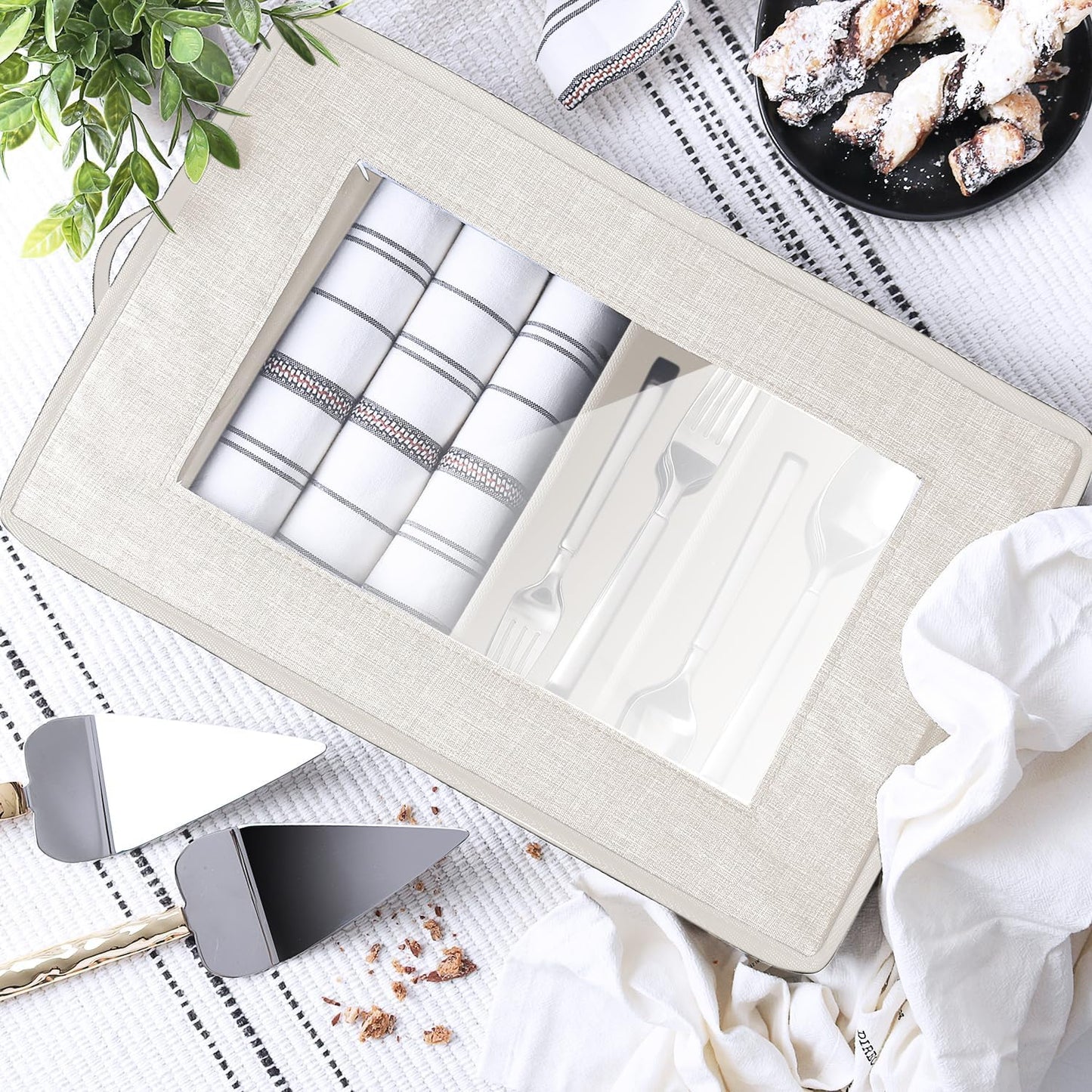 Flatware & Utensil Storage, Durable Silverware Storage Box with Padded Dividers, 5 Compartment Flatware Storage Case, Silverware Case with Handles, Protects and Organizes Cutlery, Cream