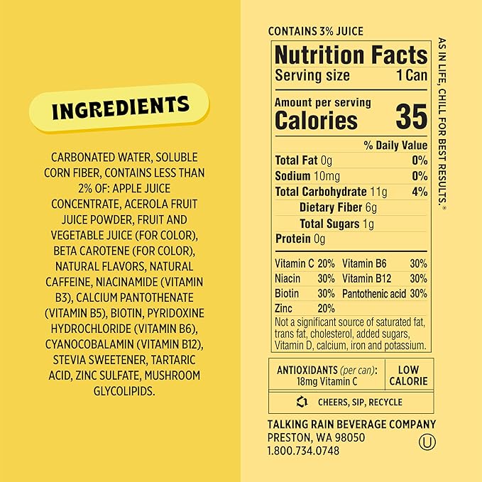 Popwell Cream Soda Caffeinated Better-For-You Prebiotic Soda, with 6g Fiber, 1g Sugar, Vitamins and Immunity Support, 12 fl oz Cans (pack of 12)