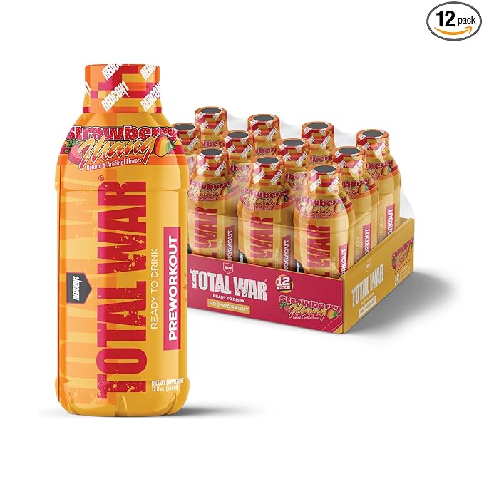 REDCON1 Total War Ready to Drink Pre Workout, Strawberry Mango - Endurance Boosting, Keto Friendly RTD Formula - Amino Acid + Citrulline Malate Pre Workout Drink for Men & Women (12 Servings)