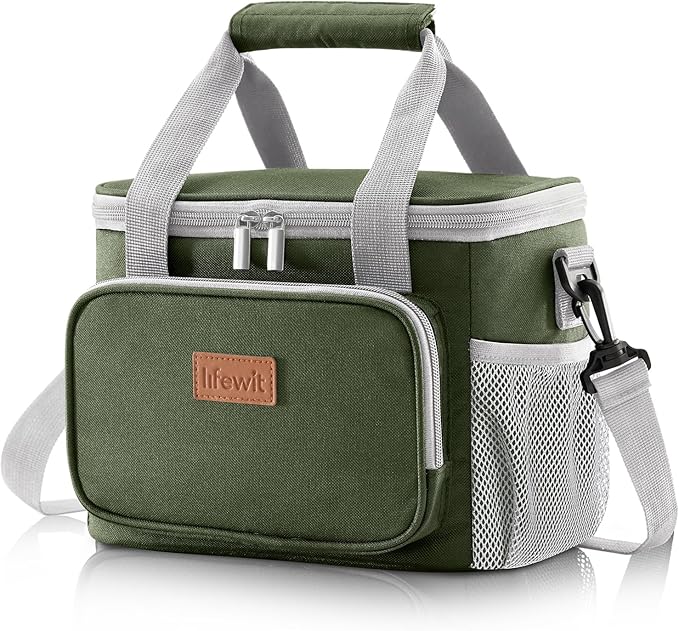 Lifewit Medium Lunch Bag Insulated Lunch Box Soft Cooler Cooling Tote for Adult Men Women, Gray and Green 12-Can (9L)