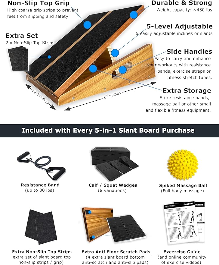 BAM's Adjustable Slant Board for Calf Stretching | Wide Slant Board for Squats & Calf Stretch | Professional Incline Board Calf Stretcher for Fitness & Physical Therapy (Plantar Fasciitis & Achilles)