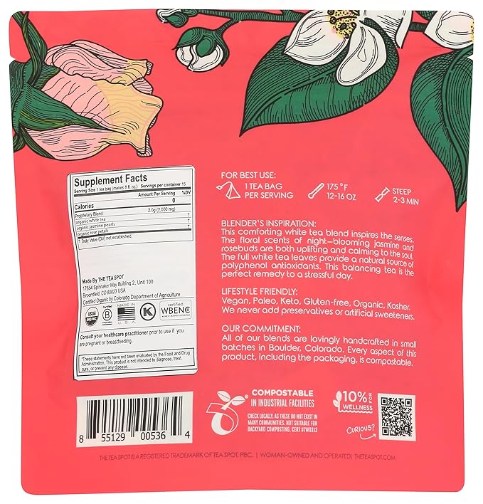 The Tea Spot Organic Meditative Mind Herbal Tea | Blend of White Tea, Jasmine and Rose | Calming & Welness Caffeine Free Elixir |15 tea bags for Gourmet Giftng