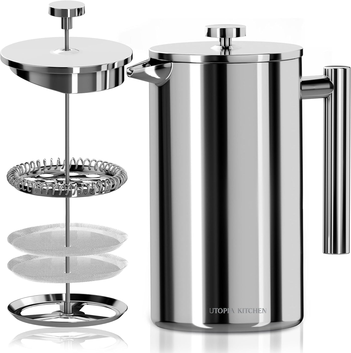 Utopia Kitchen Stainless Steel French Press Coffee Maker 50 Oz, French Press Tea Maker, Cold Brew Portable Travel Coffee Presses, Tea Press Gifts Silver