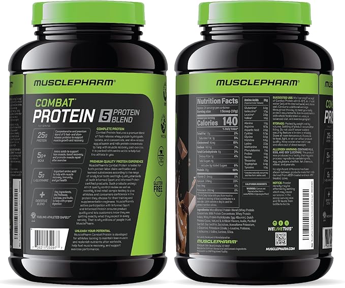 MusclePharm Combat Protein Powder, Chocolate Milk Flavor, Fuels Muscles for Productive Workouts, 5 Protein Sources Including Whey Protein Isolate & Egg Albumin, Gluten Free, 2 lb, 24 Servings