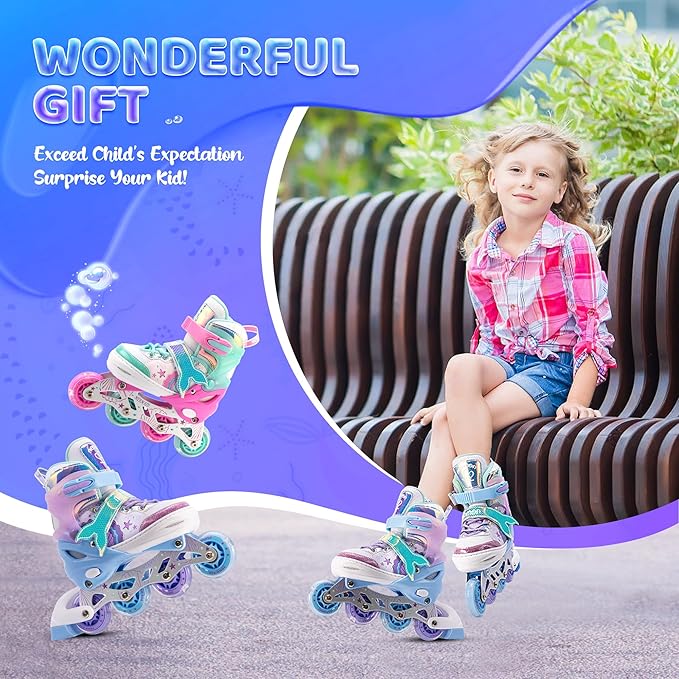 NEMONE Mermaid Inline Skates, 4 Sizes Adjustable Skates for Girls Kids with Light up Wheels, Indoor Beginner Outdoor for Kids Ages 4-6 5-8 6-12 8-12