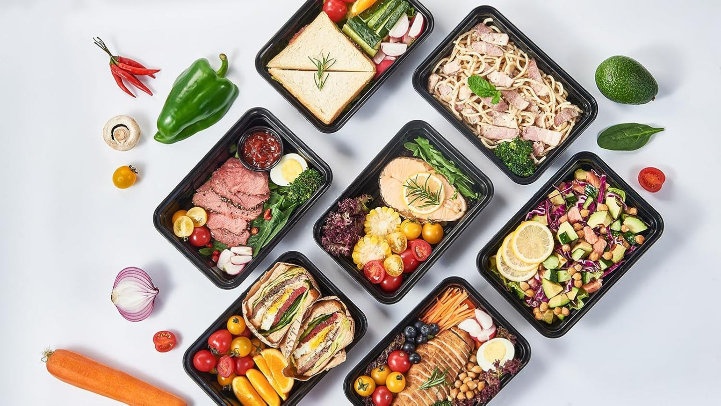 32 oz 50Pack Plastic Meal Prep Food Storage Containers with Lids Reusable 1 Compartment To Go Lunch Box Black Extra Large &Thick Microwave Freezer Safe BPA Free Stackable (Formerly FULING)