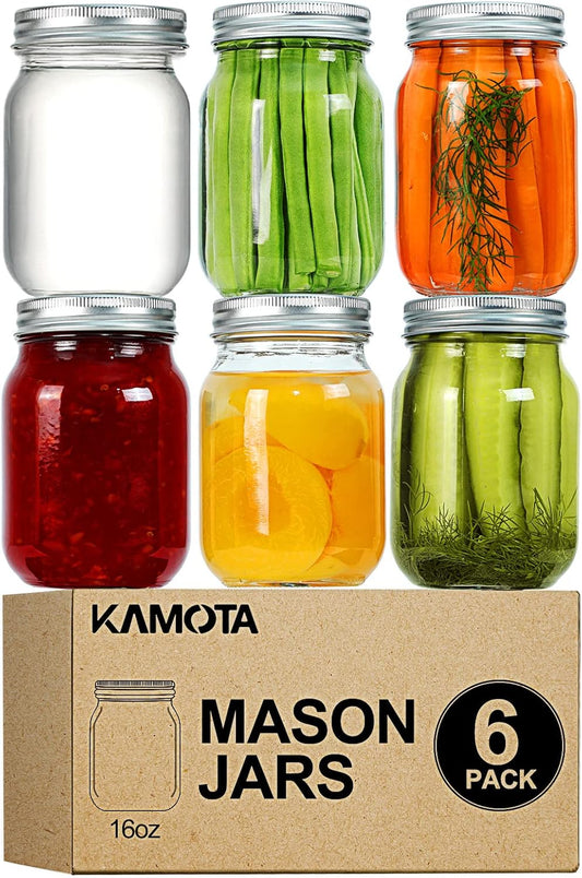 KAMOTA Mason Jars 16 OZ With Regular Lids and Bands, Ideal for Meal Prep, Jam, Honey, Wedding Favors, Shower Favors, Baby Foods, DIY Magnetic Spice Jars, 6 PACK, 10 Whiteboard Labels Included