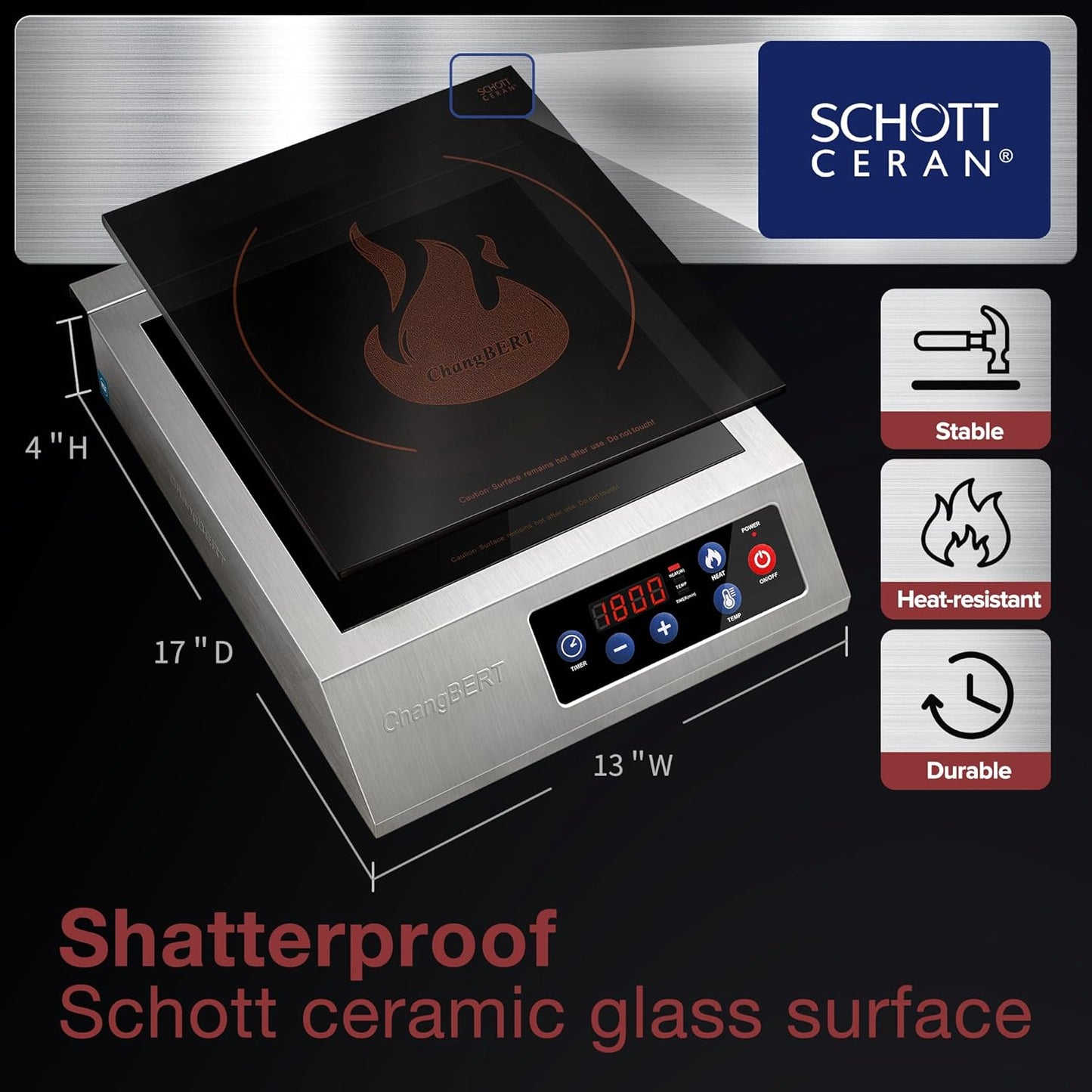 ChangBERT Portable Induction Cooktop 1800W NSF Certified Commercial Range Powerful Countertop Burner Pro Chef Professional Hot Plate Premium Stainless Steel Housing Schott Glass 10 Hours Timer