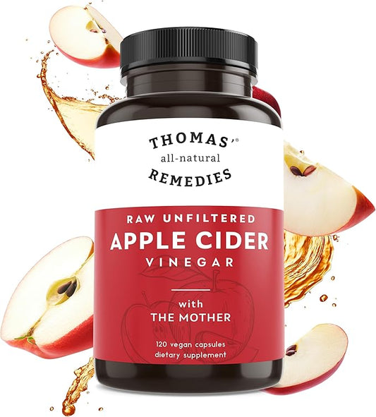Thomas' all-natural Remedies Apple Cider Vinegar with The Mother, Raw & Unfiltered ACV Pills for Gut & Digestion, 120Ct