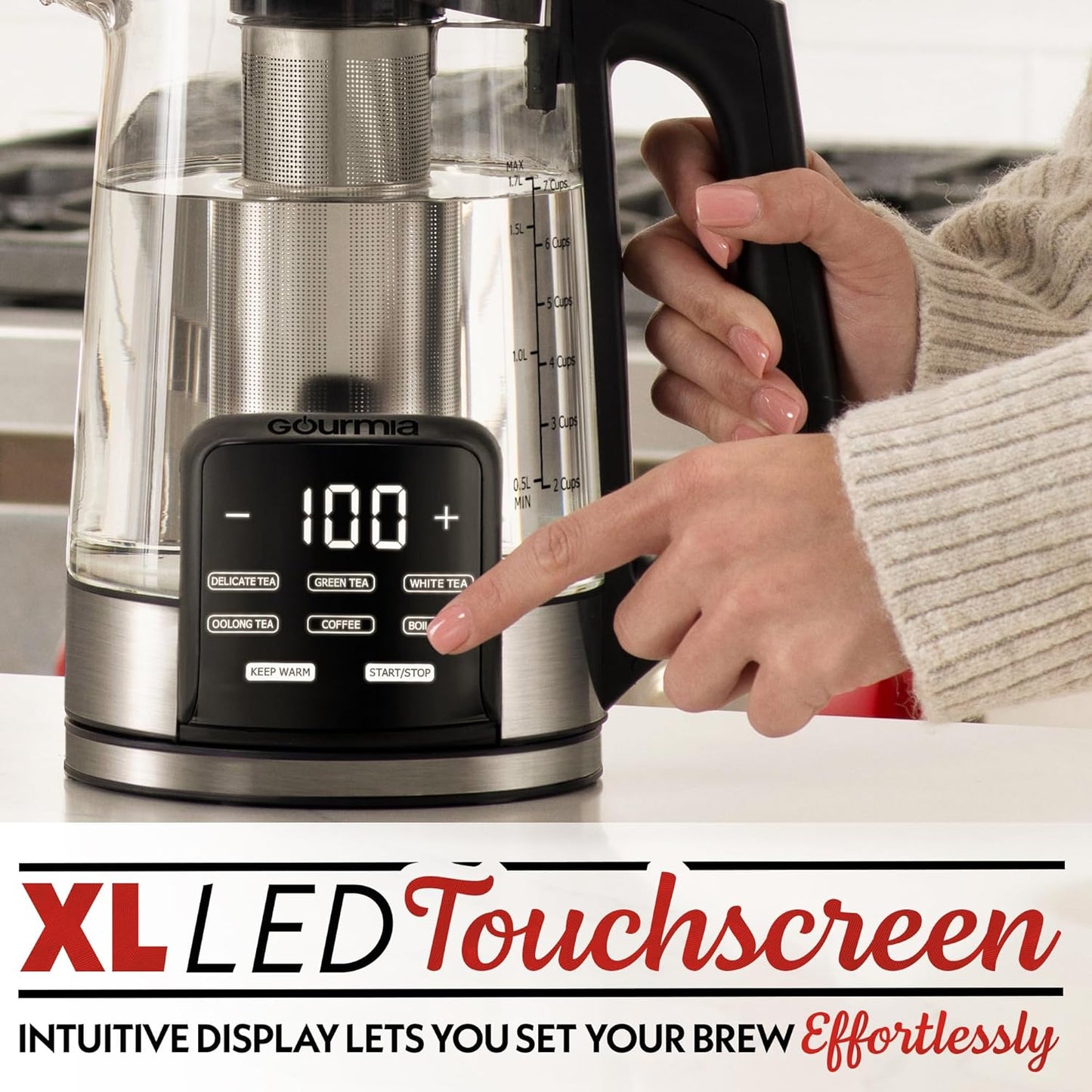 Gourmia Electric Programmable Glass Kettle – 1.7L Temperature Control Tea & Coffee Kettle with Digital Touch Display, 6 Presets, Keep Warm, Removable Stainless Steel Infuser, 360° Swivel Base – Black