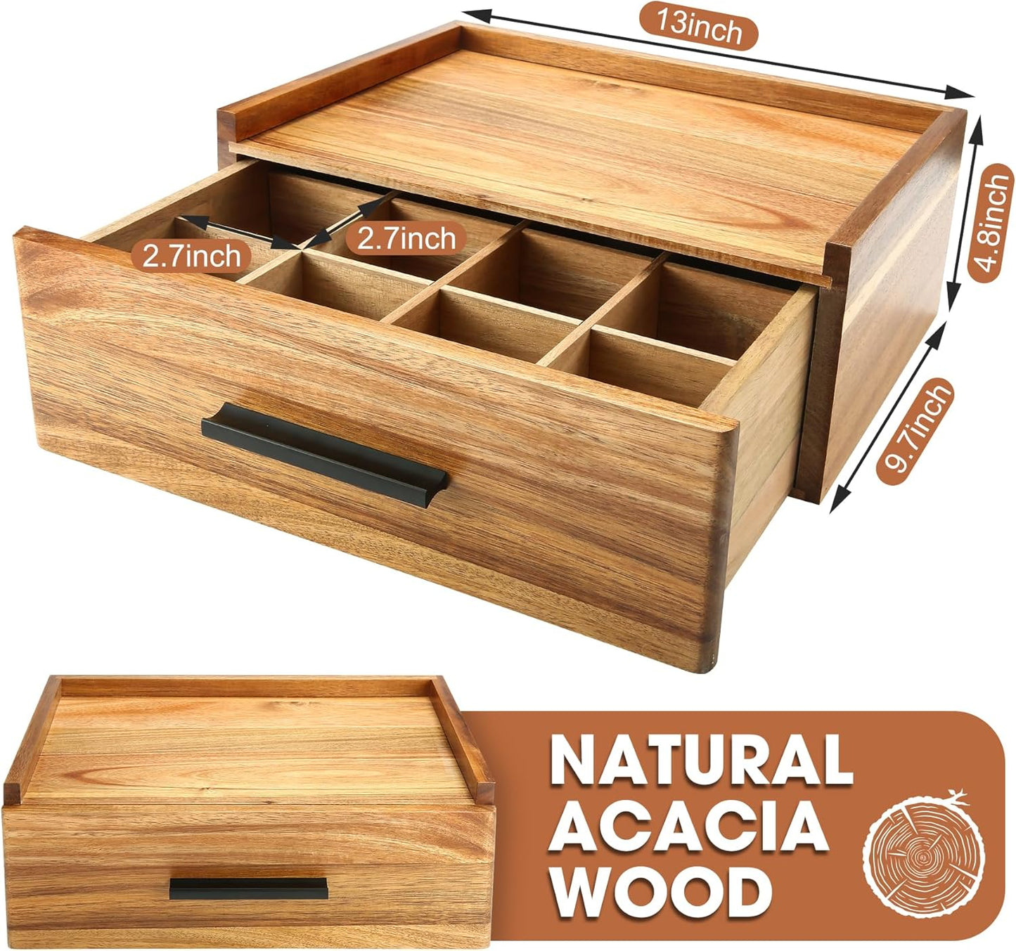 Acacia Wood Tea Bag Organizer - 12-Compartment Capacity Tea Box Organizer Storage Box with Drawer, Tea Accessories for Tea Bags Storage Drawer, Tea Station for Countertop