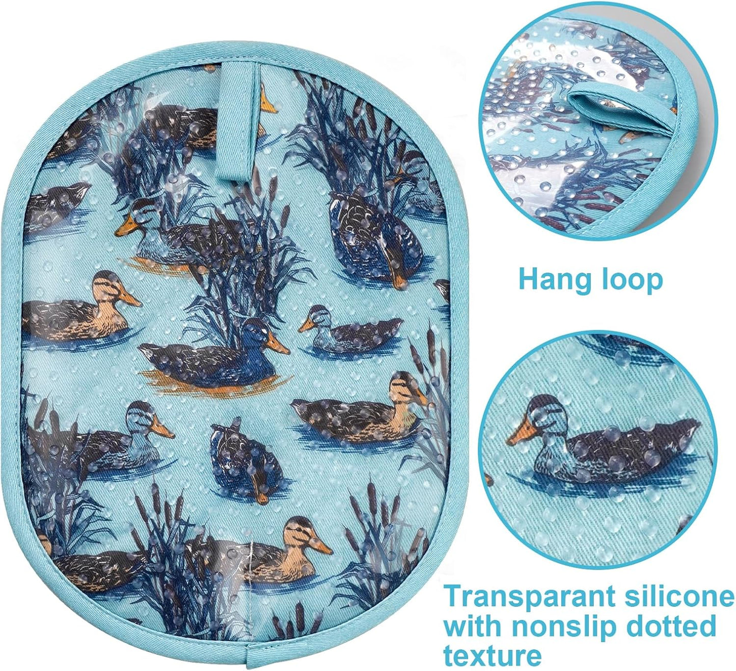 Pot Holders Set of 2 with Transparent Clear Silicone Shell and Nice Duck Flower Cotton Lining, Heat Resistant to 500 F Kitchen Oven Gloves Pot Holder for Cooking (Wathet Blue, Potholders)