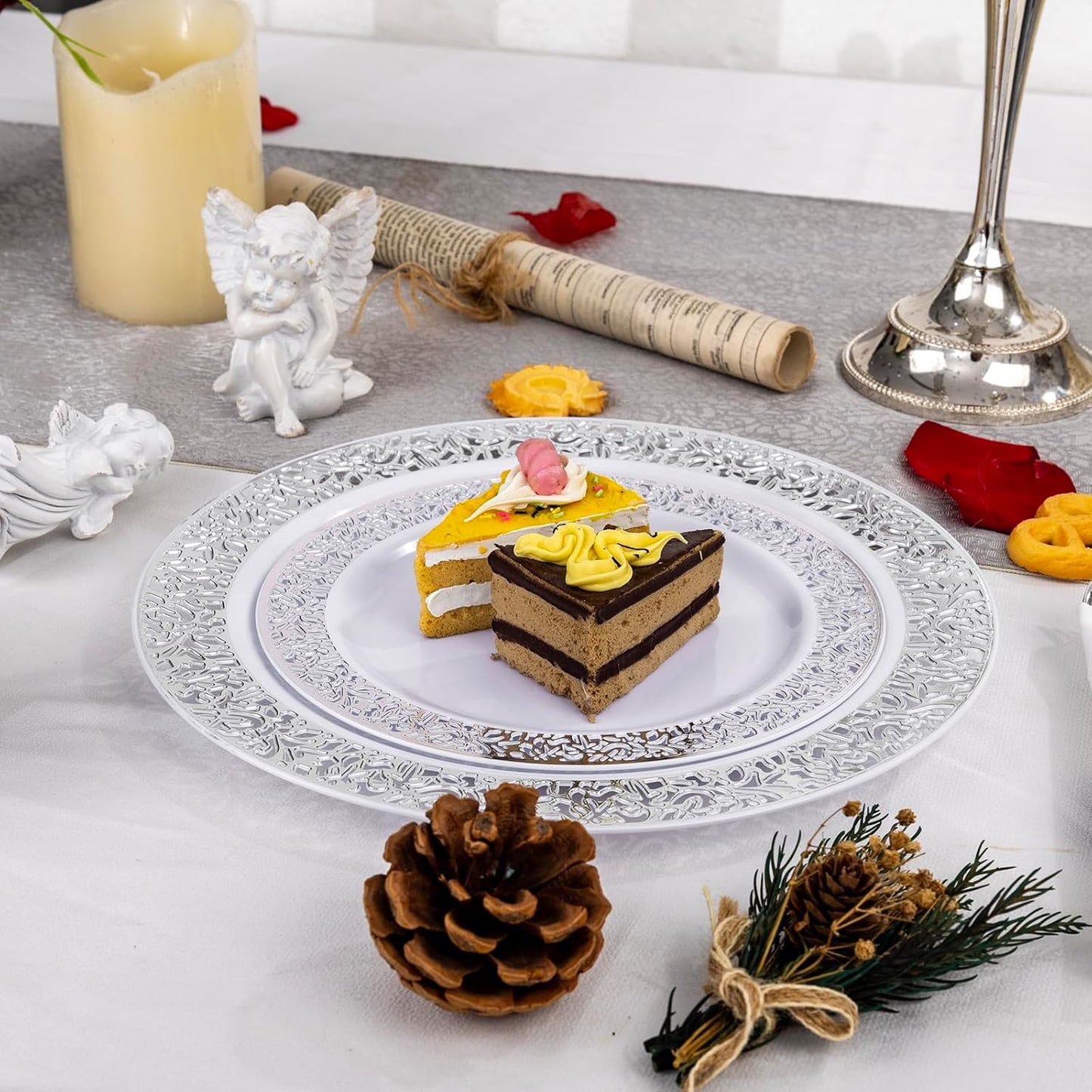 I00000 200 Pieces Silver Plastic Plates, Disposable Plastic Plates for 100 Guests Include: 100 Pcs Dinner Plate 10.25” and 100 Pcs Dessert Plate 7.5” with Silver Lace Rim Perfect for Wedding & Party