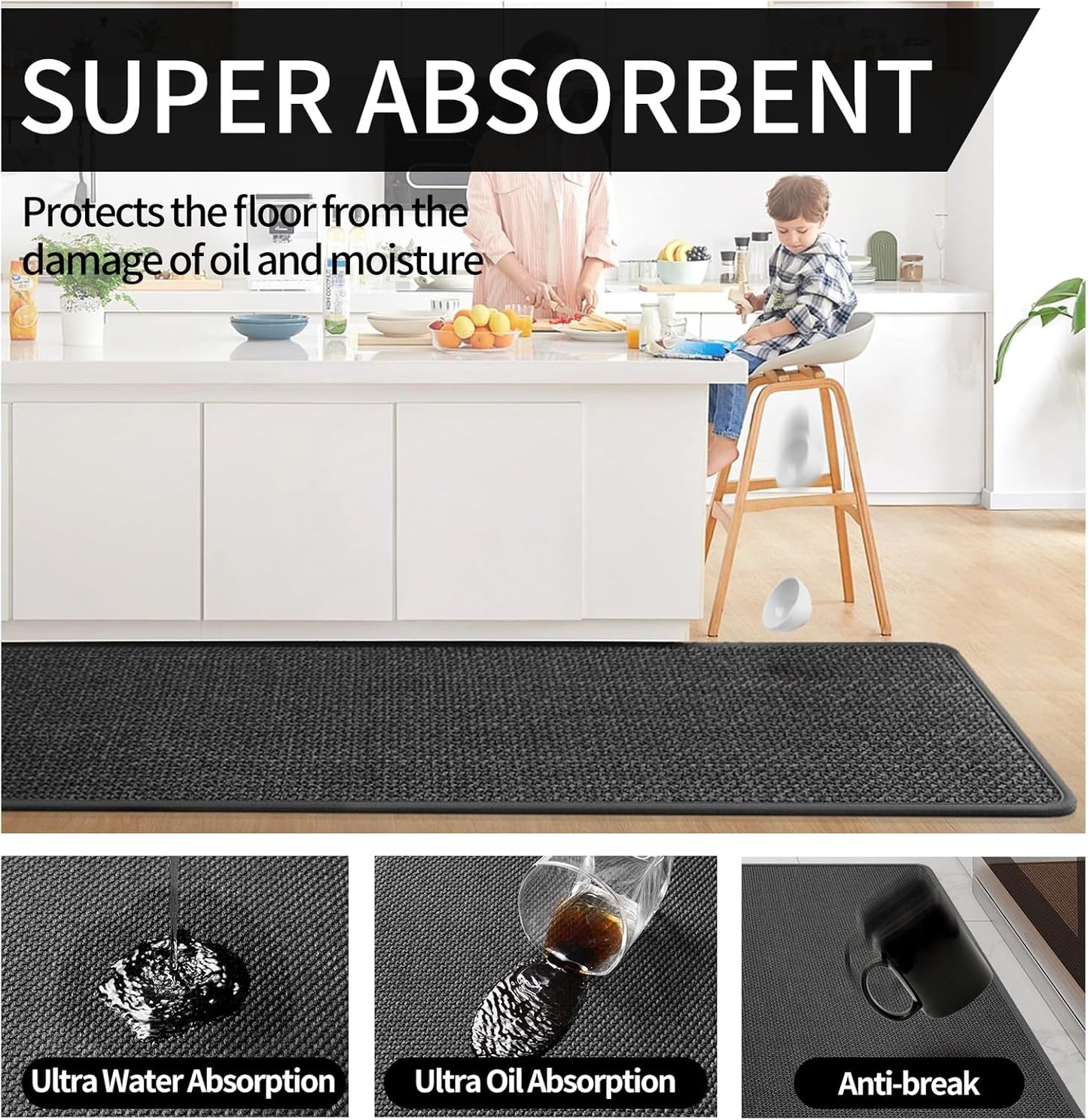 Kitchen mats for Floor Water and Oil Absorbent Runner Rugs for Kitchen, Kitchen Mat in Front of Sink,Non-Slip Kitchen Rugs,Durable Imitation Linen Kitchen Rug Black 17x30+17x59