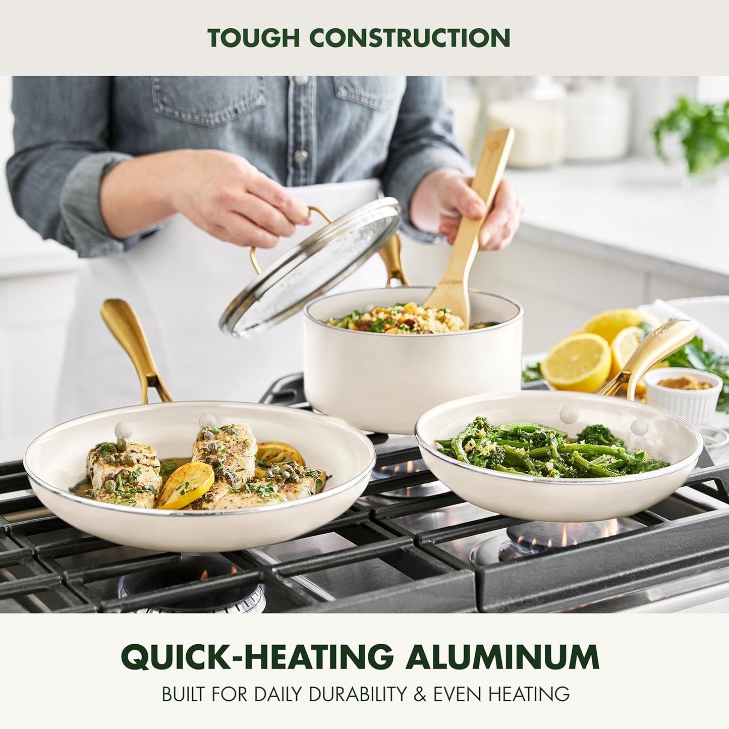 GreenPan 12 Piece Nonstick Swift Cookware Set, Ceramic PFAS-Free Pots & Pans with Lids, Dishwasher & Oven/Broiler Safe to 600F, Kitchen Cooking Set, Sauce, Saute, Stock, Frying Pans, Cream