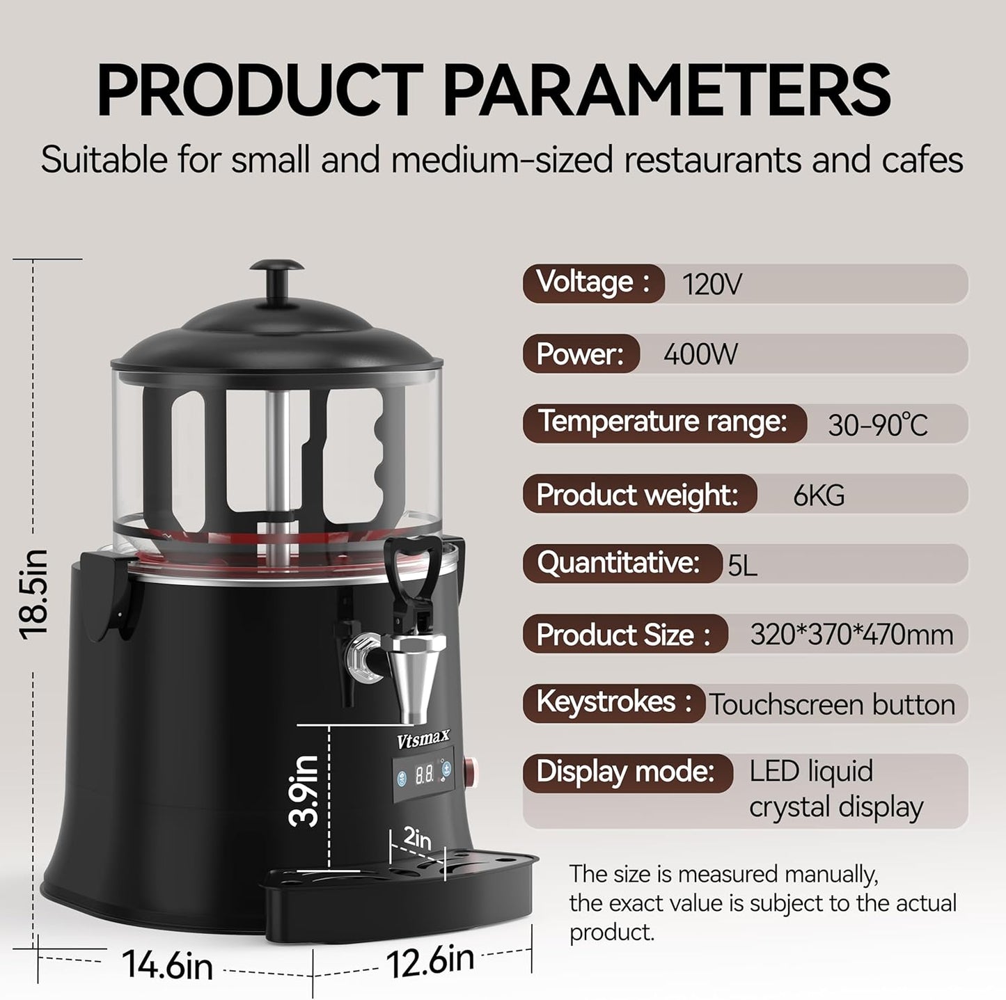 Commercial Hot Chocolate Machine 86-194℉ Intelligent temperature control hot chocolate maker, hot beverage dispenser for Chocolate Drink, Cocoa, Milk, Coffee, Juice