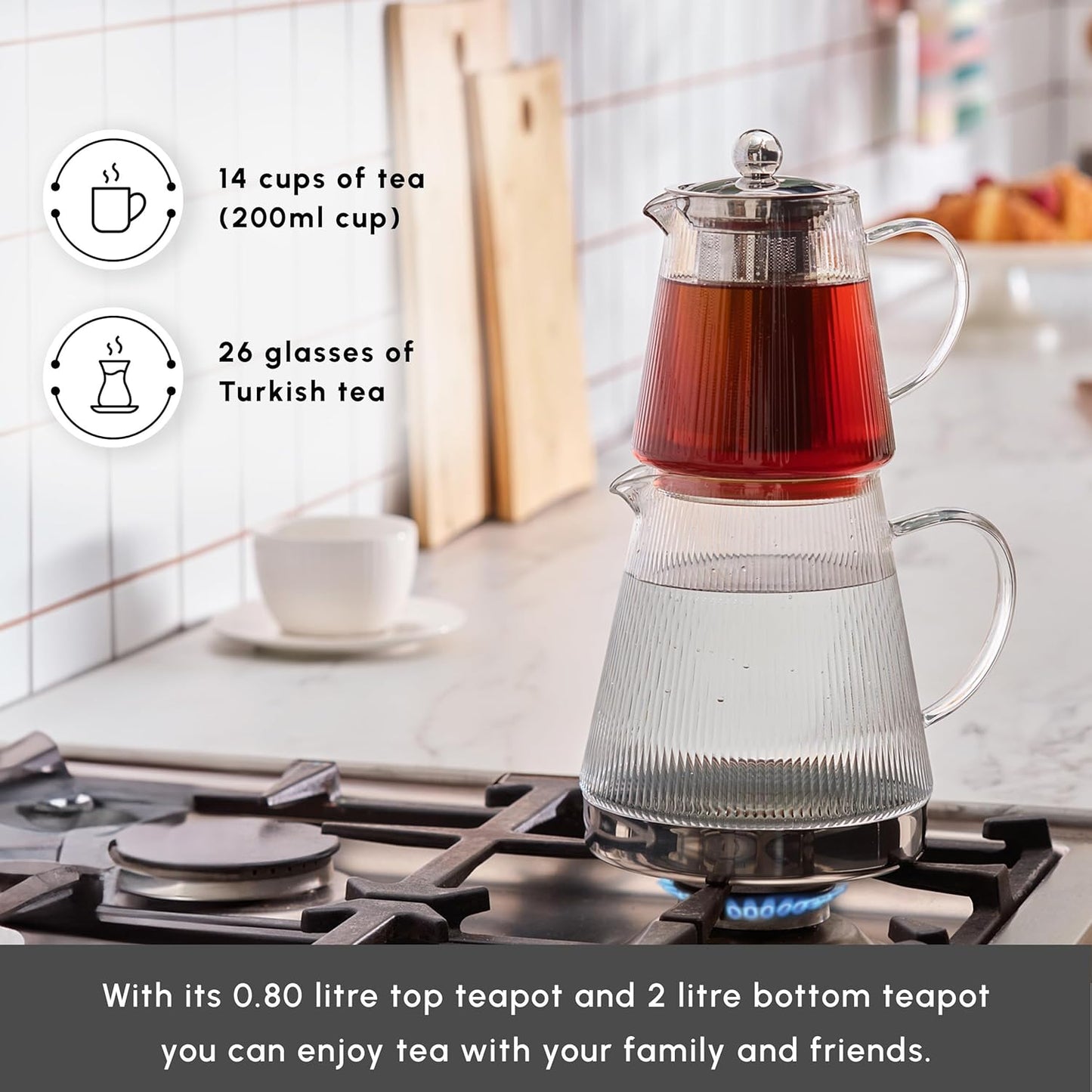 Karaca Keops Turkish Teapot with Infuser and Lid (450 ml Tea Pot & 1500 ml Induction Kettle) - Borosilicate Glass Teapot Set for Stovetops - Clear Tea Maker with 10-15 Cups Capacity