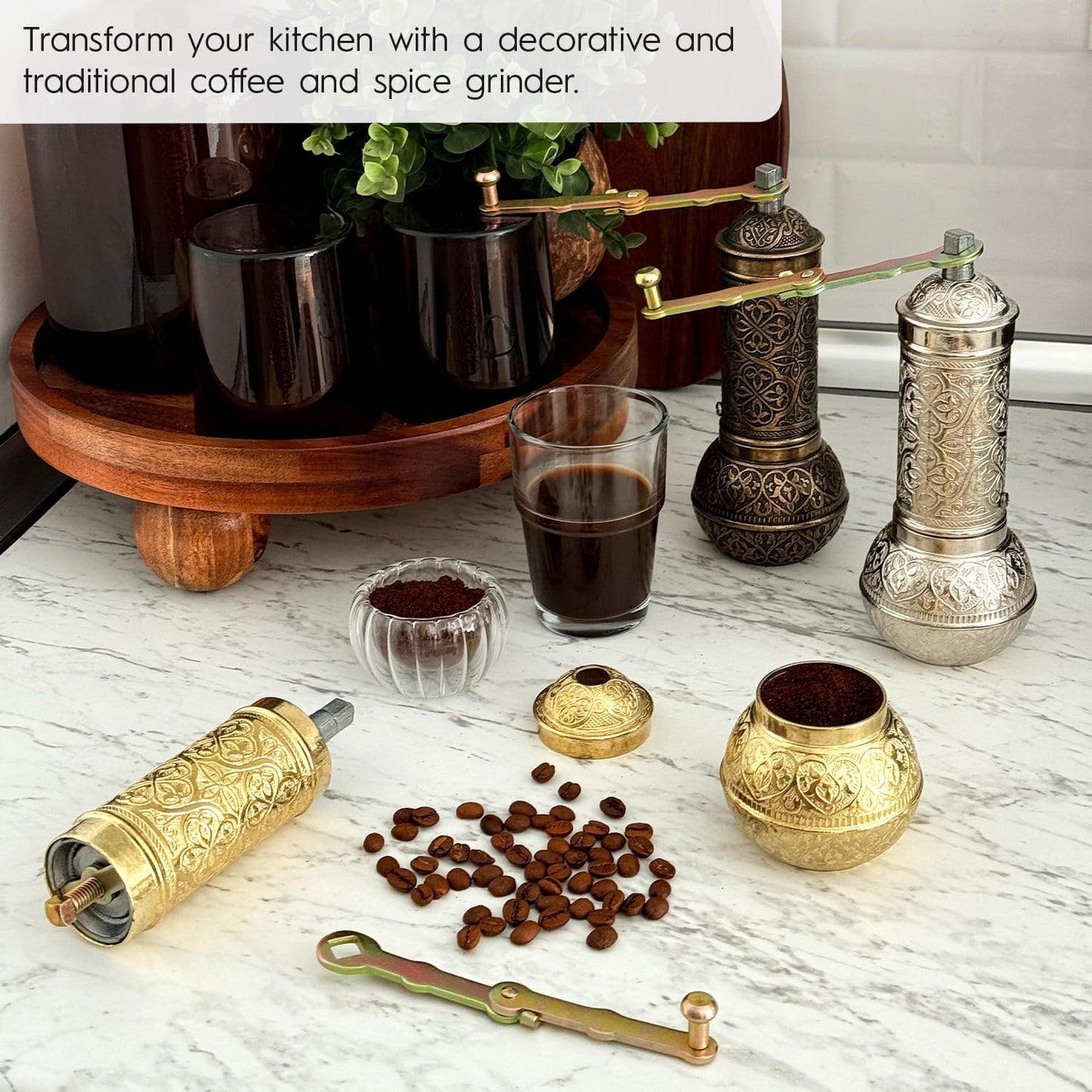 Decorative Handmade Coffee Grinder, Refillable Turkish Spice Mill, Manual Coffee Mill with Handle, Coffee Grinder Metal with Hand Crank 18 cm-7.1 inch