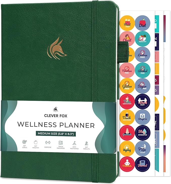 Clever Fox Wellness Planner - Weekly & Daily Health and Wellness Log, Food Journal & Meal Planner Diary for Calorie Counting, Notebook for Medical Condition Tracking, A5-Sized - Forest Green