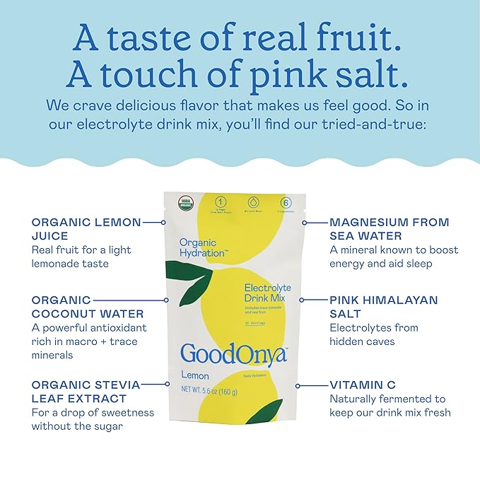 Organic Hydration Electrolyte Drink Mix, Certified Organic Hydration Powder, Non-GMO, Biochecked Glyphosate Free, Low Sugar, Lemonade Flavor, No Artificial Flavors, 20 Servings