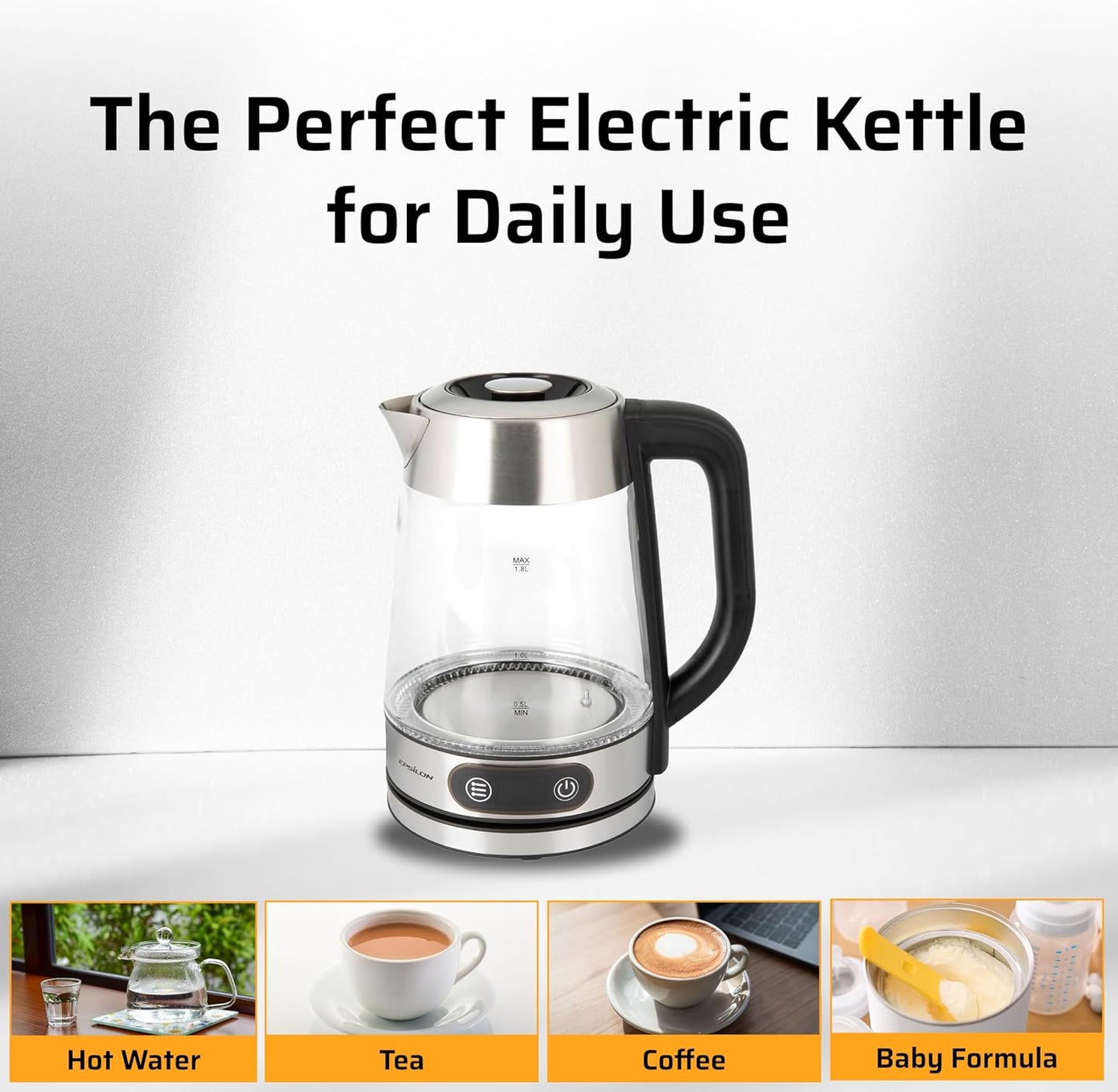 Epsilon 1.8L Glass Electric Kettle – Hot Water Tea Kettle with Borosilicate Glass & Stainless Steel, Auto Shut-Off, Fast Boil 1500W Electric Teapot, BPA-Free, Cool Touch Base