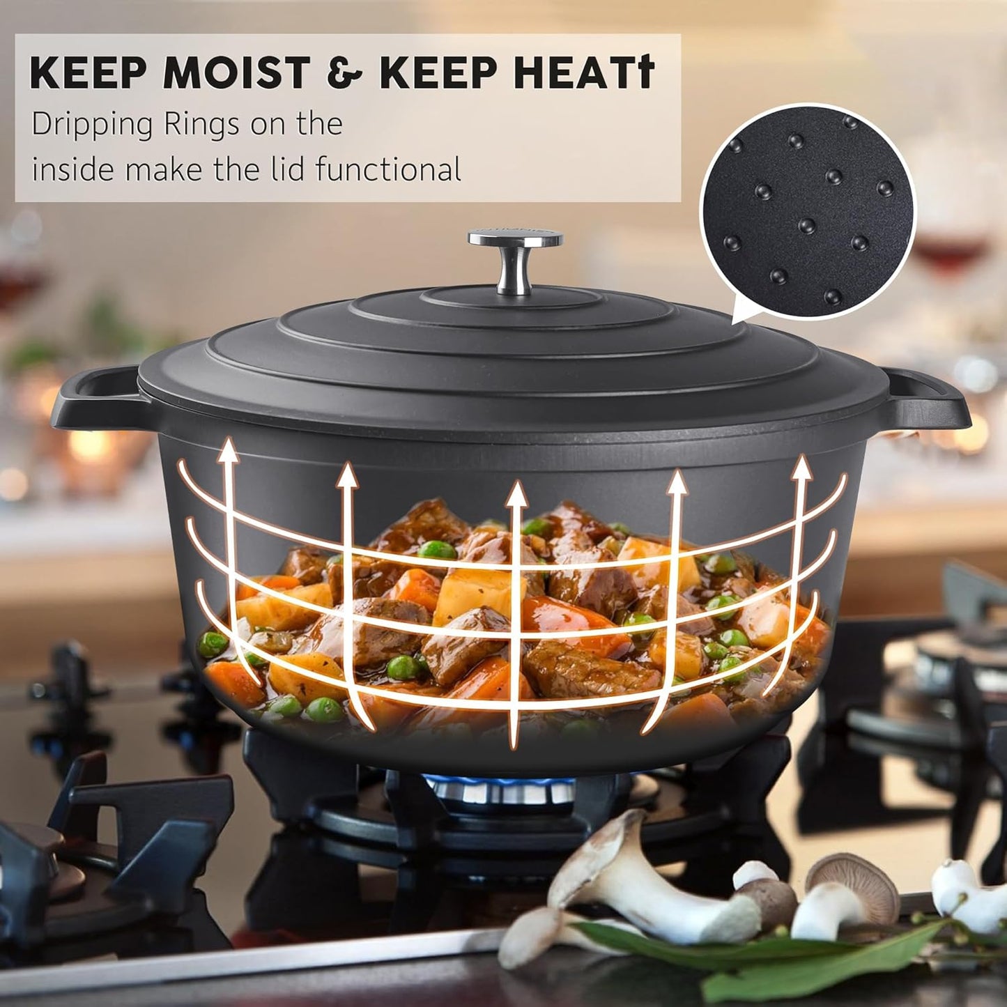 Nonstick Dutch Oven Pot with Lid-5 QT Cast Aluminum Oven Pot with Two Handles Lightweight for Bread Baking Braising and Roasting(Black)