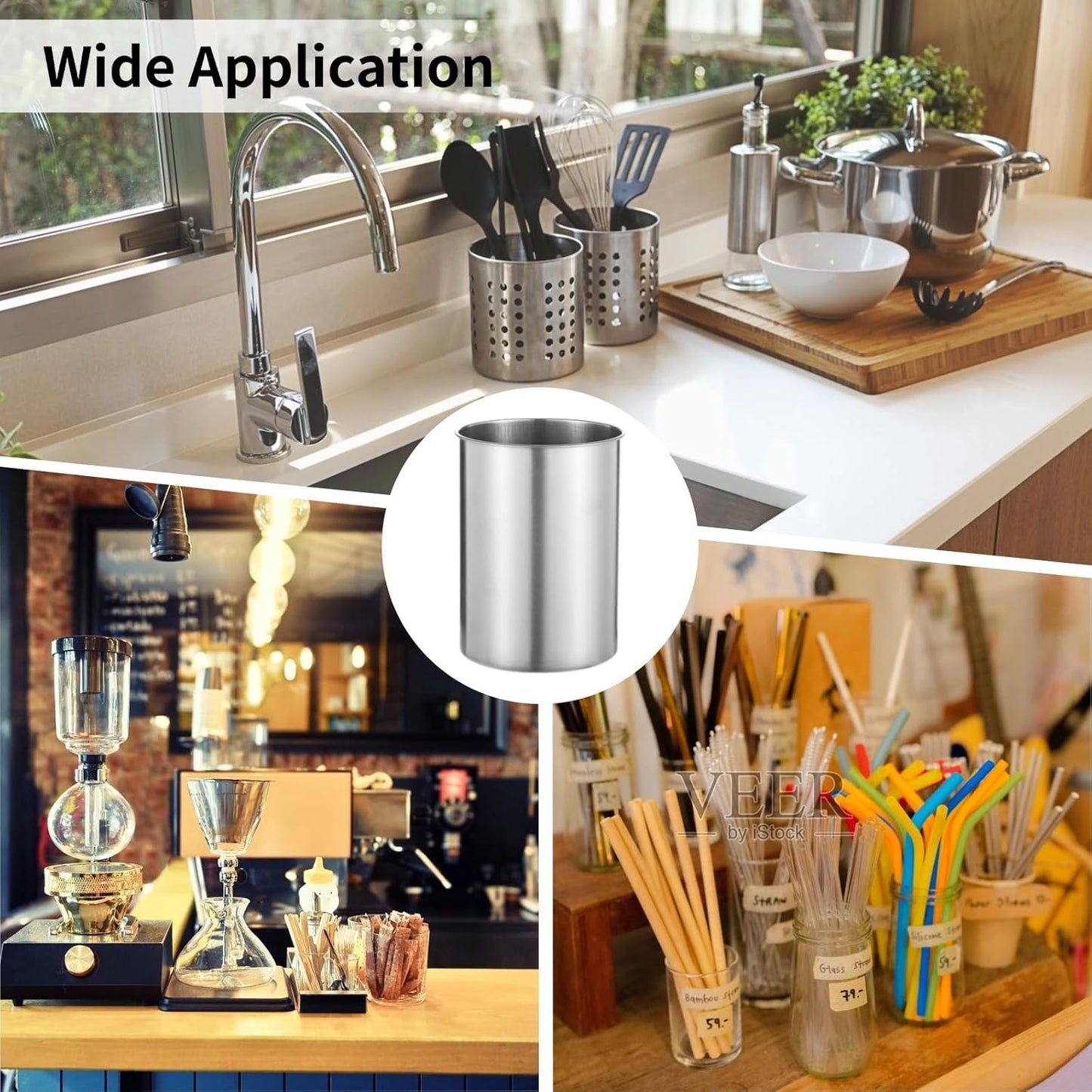 3 PCS Stainless Steel Kitchen Utensil Holders, 5.5 x 7.3 in Cylinder Kitchen Countertop Organizer, Dishwasher Safe Cooking Utensil Holder, Large Capacity for Cafe Restaurant Bakery