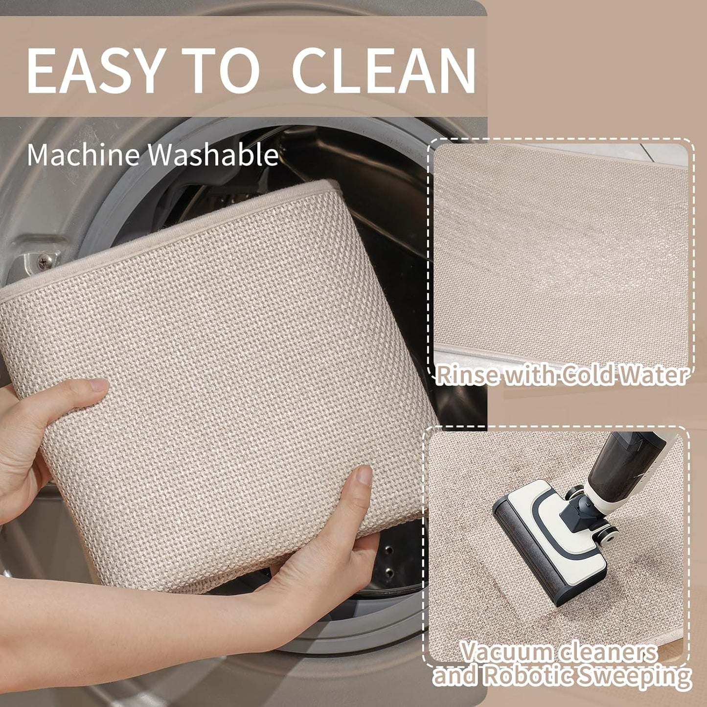 Kitchen Mats for Floor, Super Absorbent Kitchen Rugs Non Slip Washable, Soft Imitation Linen Braided Kitchen Runner Rug, Standing Mat Kitchens Sink Mat, Easy to Clean, Beige 17x30