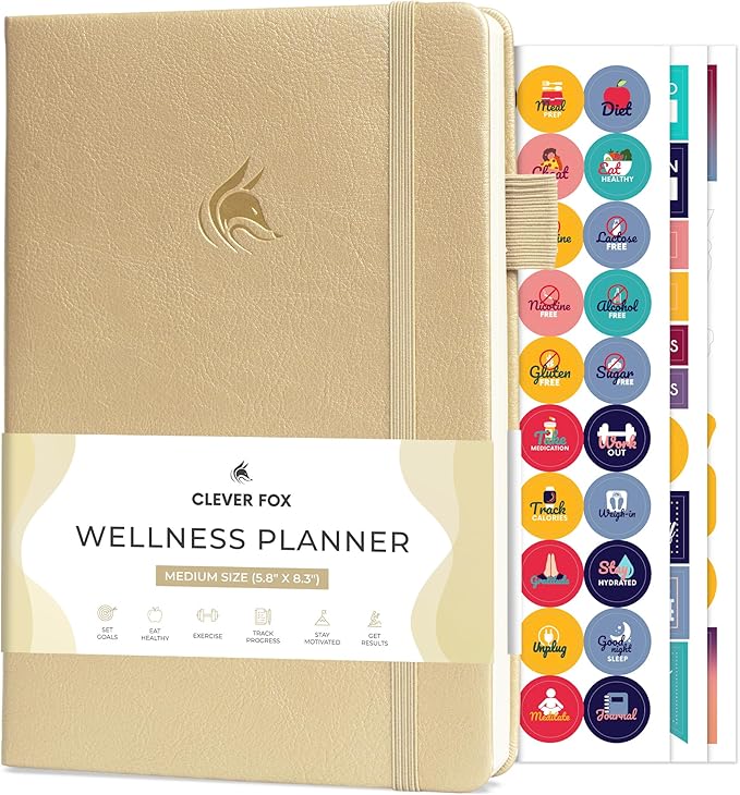 Clever Fox Wellness Planner - Weekly & Daily Health and Wellness Log, Food Journal & Meal Planner Diary for Calorie Counting, Notebook for Medical Condition Tracking, A5-Sized - Pearl
